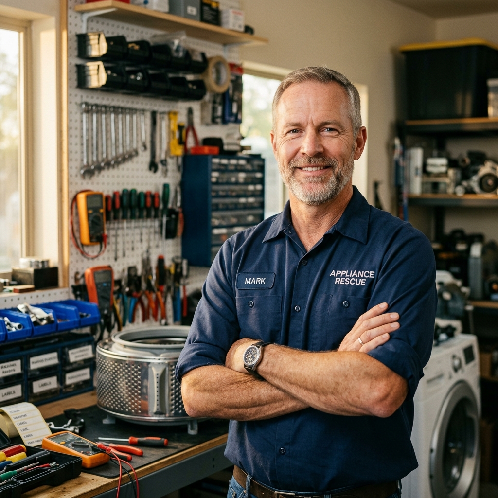 Ervaren witgoed monteur in zijn werkplaats, portret