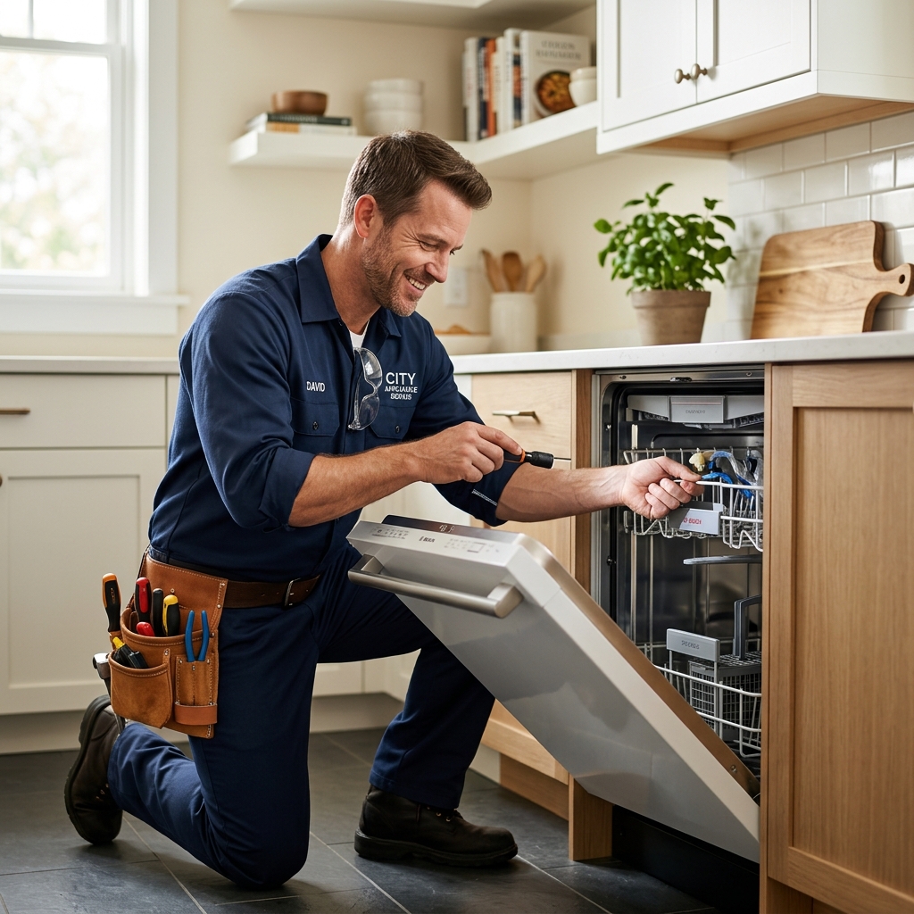 Professionele witgoed reparatie monteur aan het werk in een moderne keuken