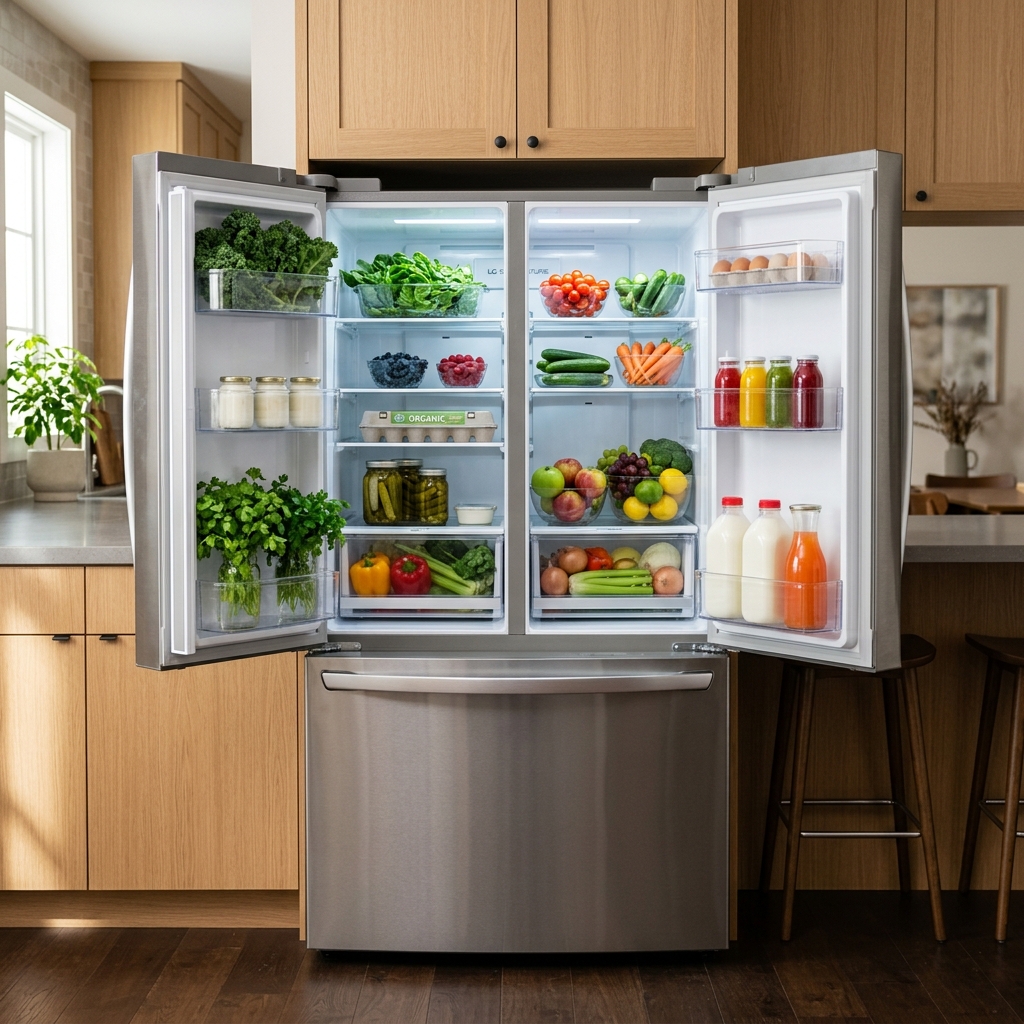 Moderne RVS koelkast met verse groenten en LED-verlichting