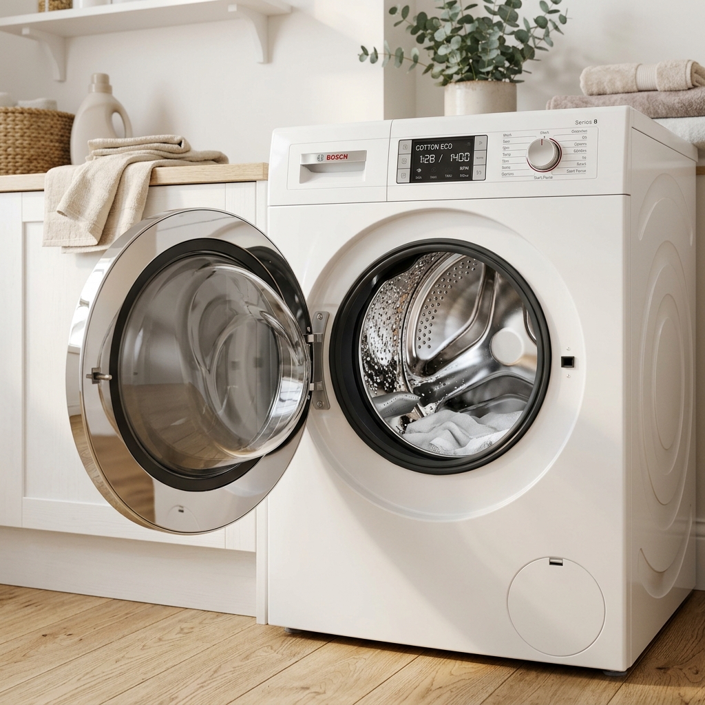 Premium wasmachine close-up met chromen trommel